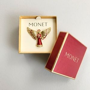 MONET Christmas Angel Brooch Lapel Pin NIB VTG Deadstock Bon Marche Red Gold